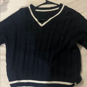 Navy V-Neck Sweater with White Trim